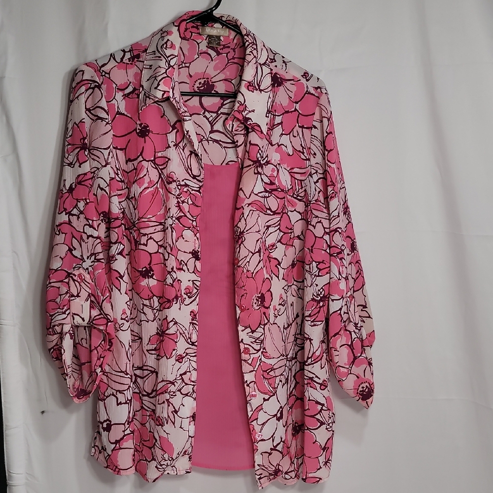 Pink and White Graphic 3/4 Sleeve Blouse